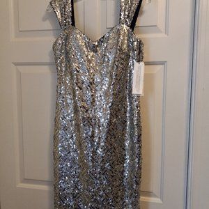 CALVIN KLEIN Womens Silver Sequined Metal Dress